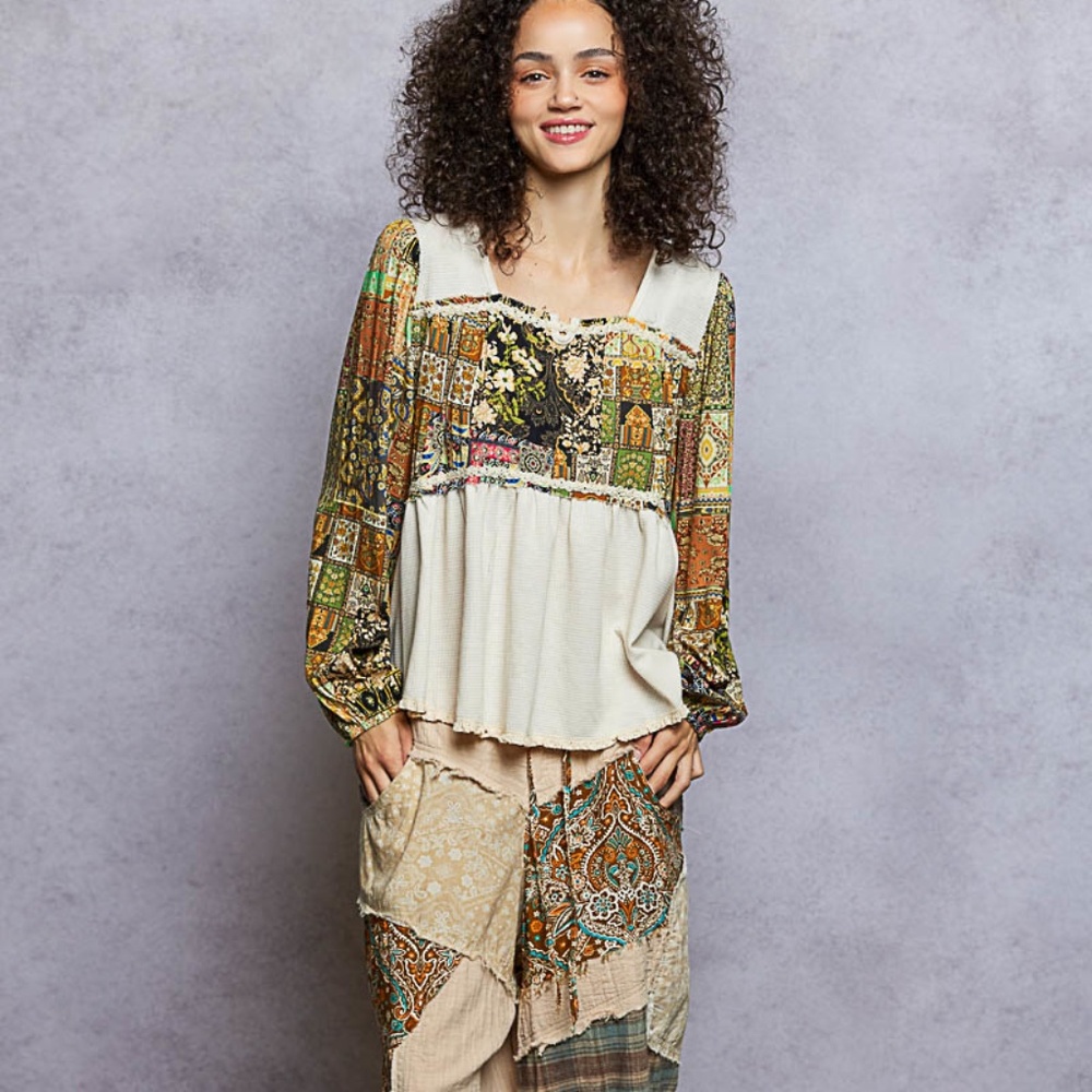 POL Balloon Sleeve Peplum Blouse with Trim Detail